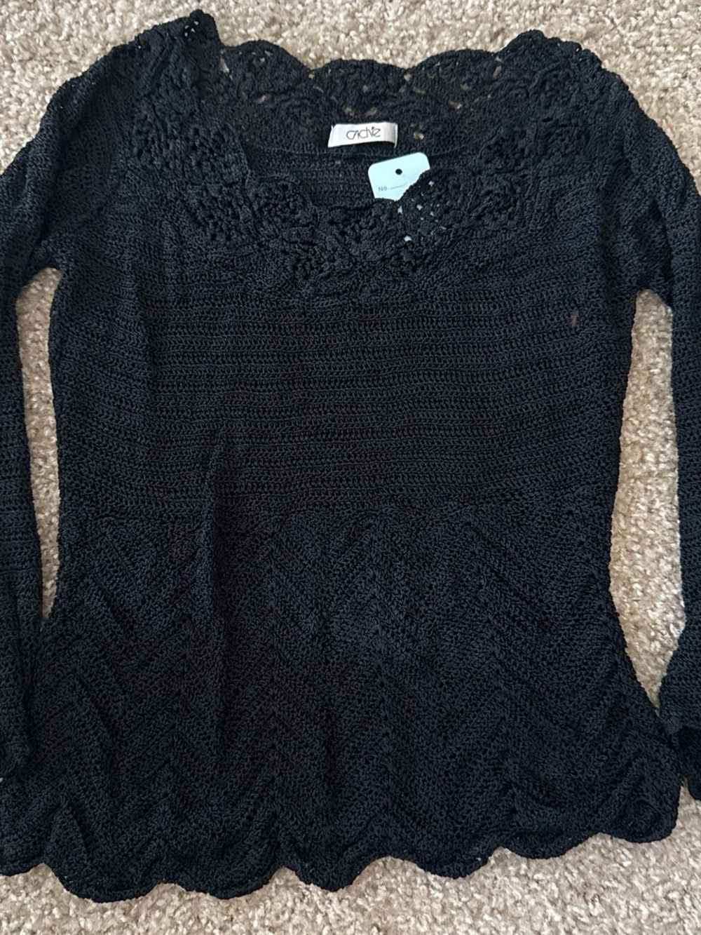 Cache Black Crochet V-Neck Sweater